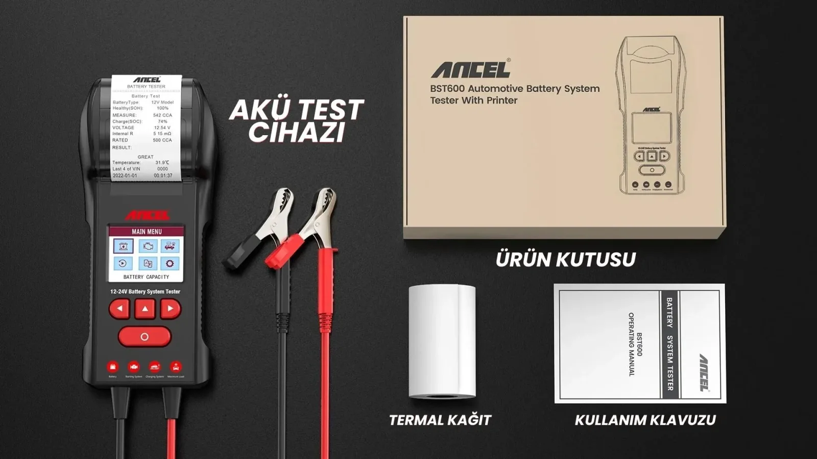 Ancel BST600 cihaz kutu termal kağıt klemens ve kullanım kılavuzu görseli