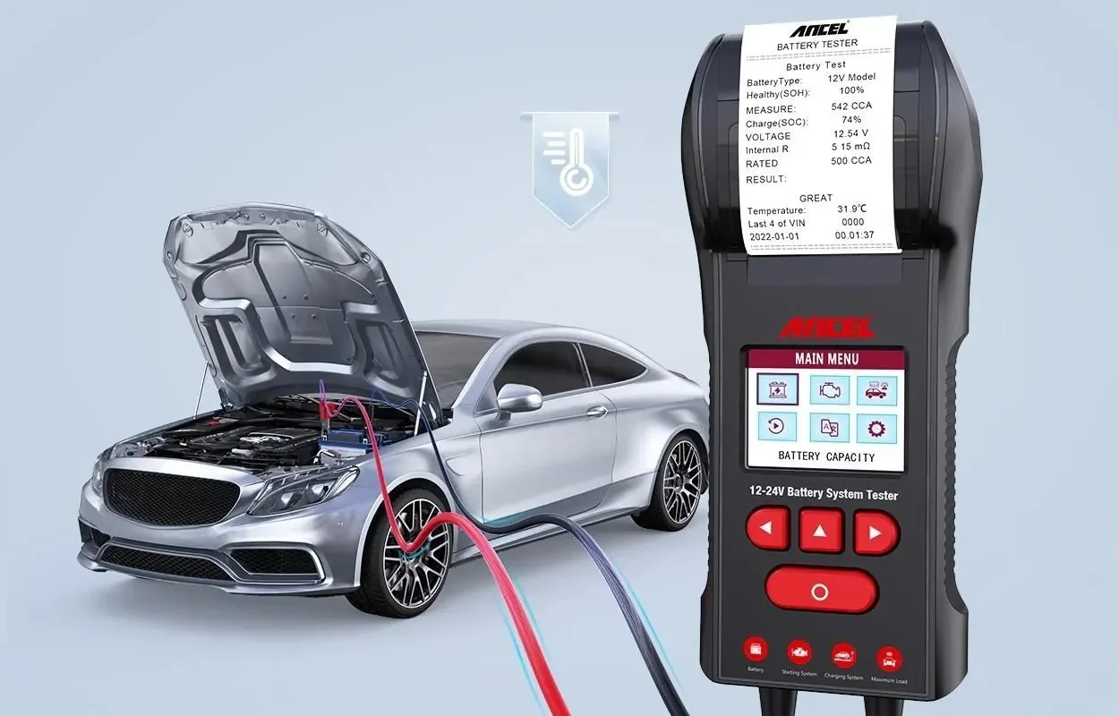 Ancel BST600 yazıcılı akü test sonucu ve araç üzerinde kullanım görseli